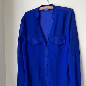 Blue Long Sleeve Sheer Button Up